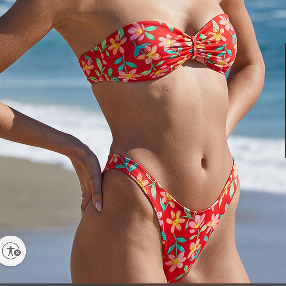 PACSUN Floral Bandeau Bikini - Red. SEE DESCRIPTION FOR SIZE DETAILS